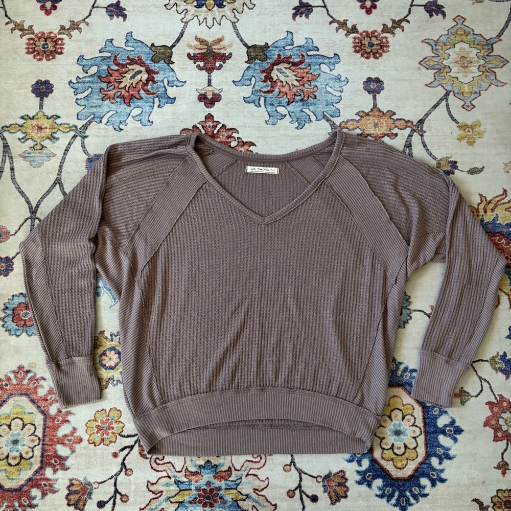 We the Free Santa Clara Mauve Soft Waffle Knit V-Neck Oversized Top Small